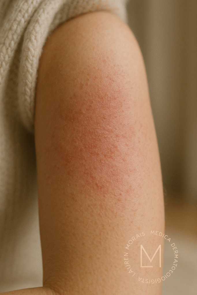 Close de braço com sinais de dermatite atópica no inverno, mostrando pele avermelhada e ressecada.