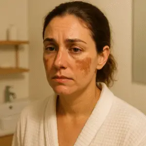 Melasma resistente em região malar com semblante triste