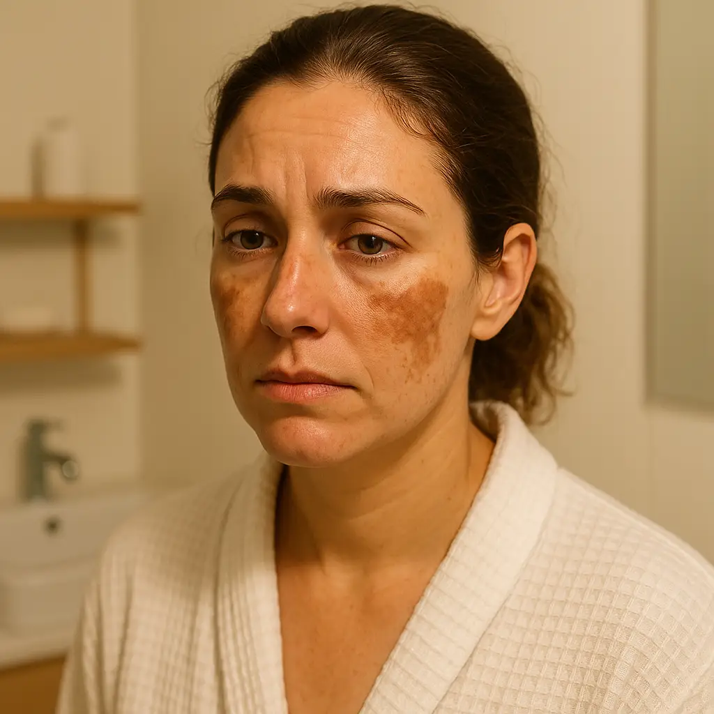 Melasma resistente em região malar com semblante triste