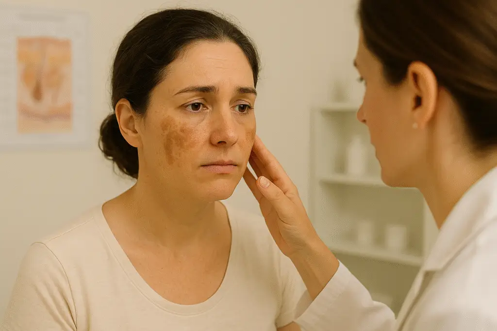 Mulher com melasma no consultorio dermatologicdo