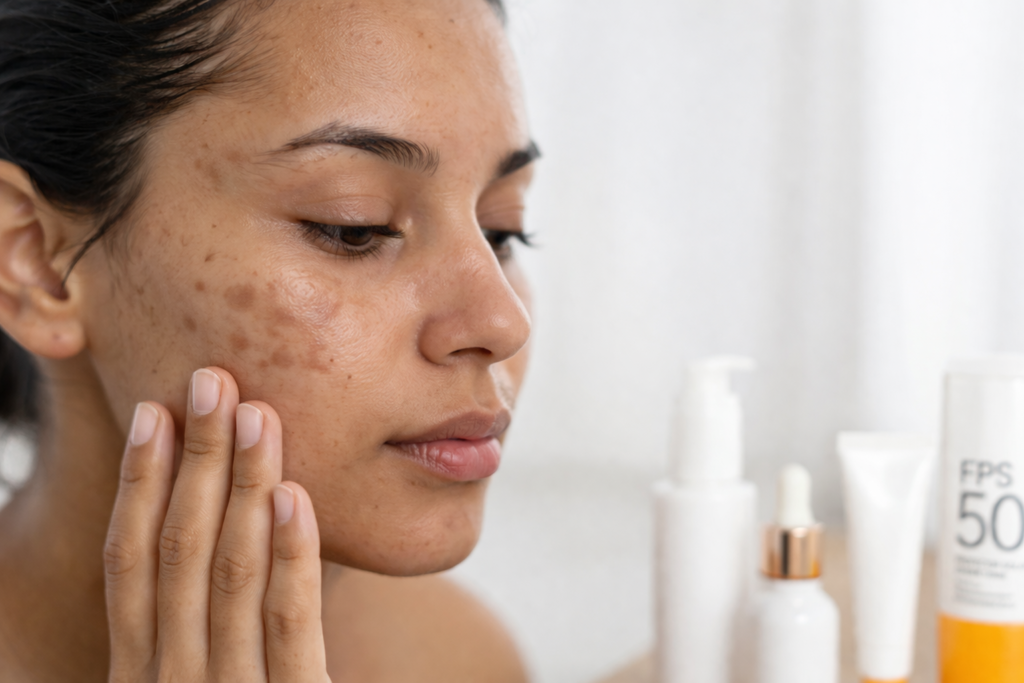 Mulher com hipercromia pos inflamatoria