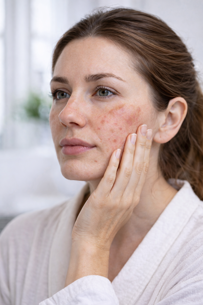 Mulher com acne e rosacea.