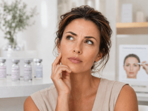 Mulher observando linhas de expressão da testa durante avaliação individualizada para toxina botulínica em Curitiba.